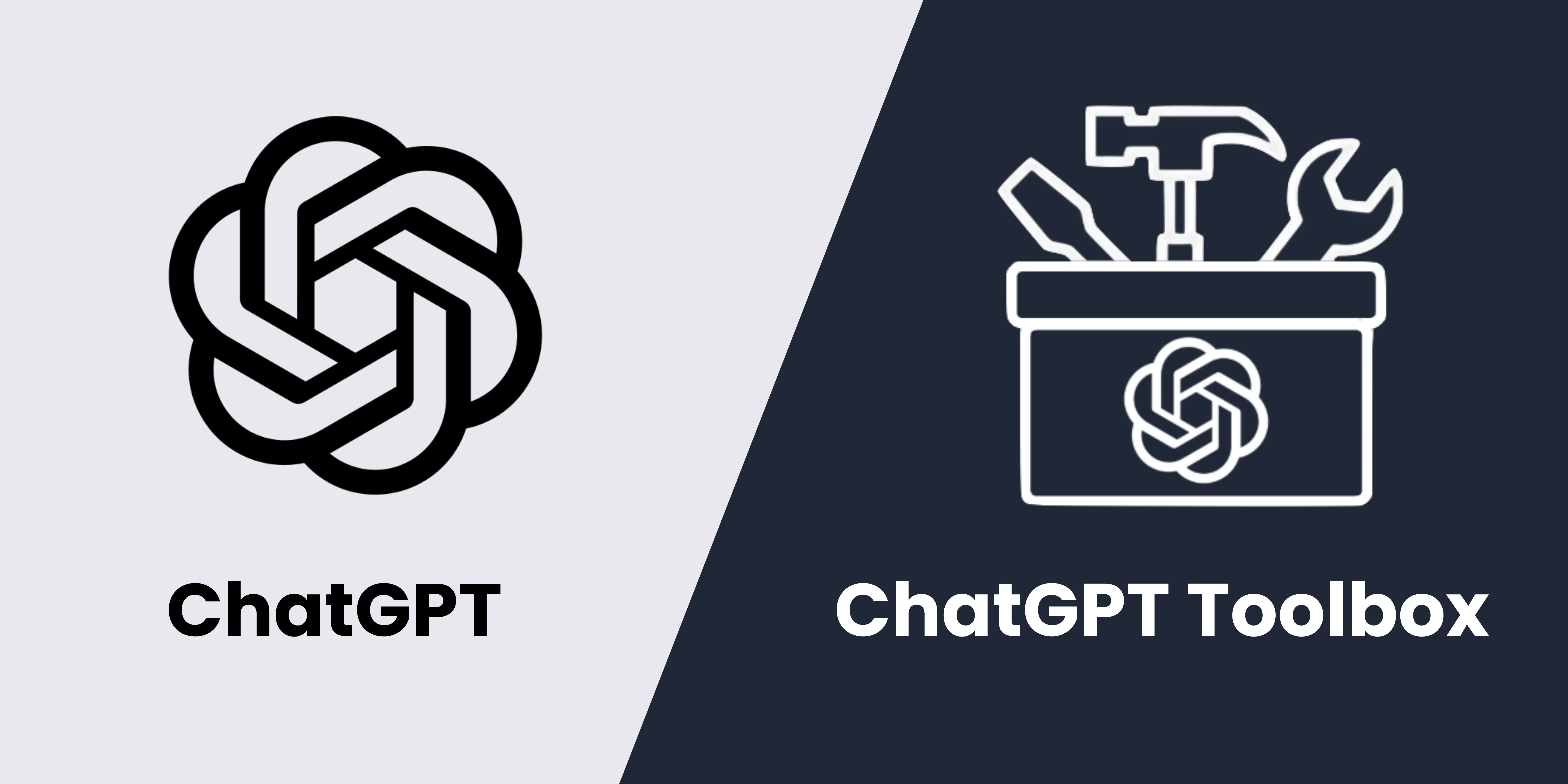 Image showing two logos side by side: on the left, the ChatGPT logo in black with the word "ChatGPT" below it, set against a purplish background; on the right, the ChatGPT Toolbox icon on a dark background with a white icon and the text "ChatGPT Toolbox" displayed below.