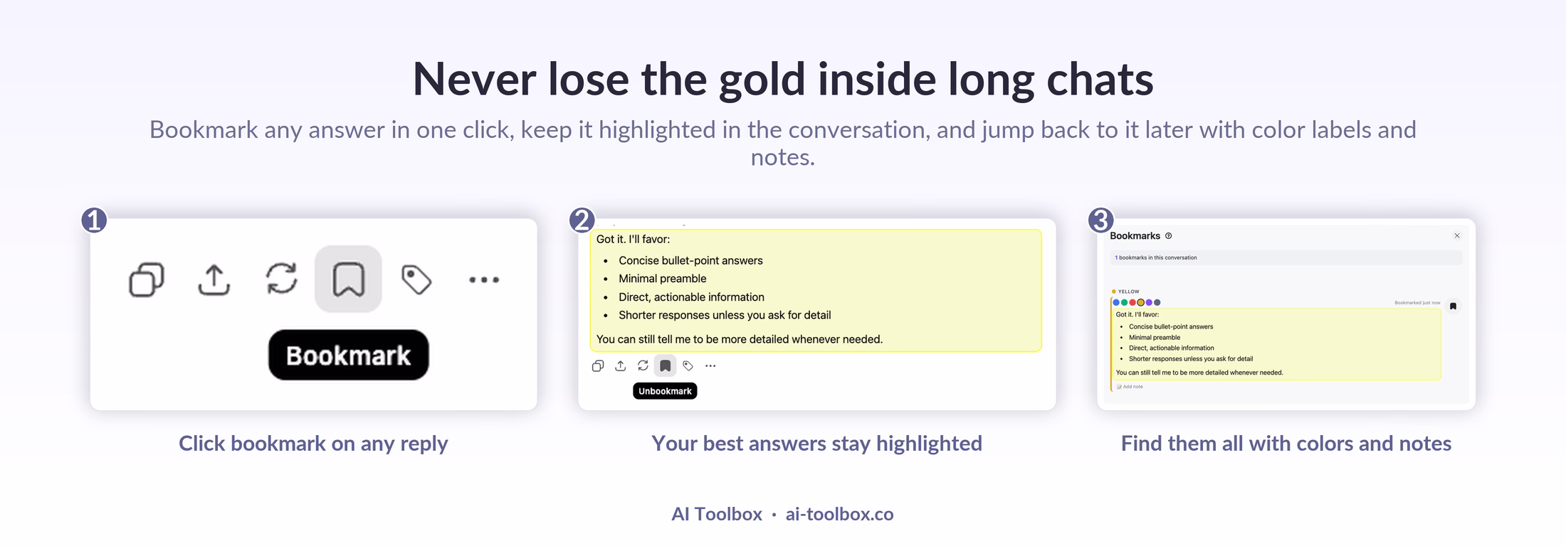AI Toolbox message bookmarks: bookmark any ChatGPT answer, keep it highlighted, and jump back later with color labels and notes
