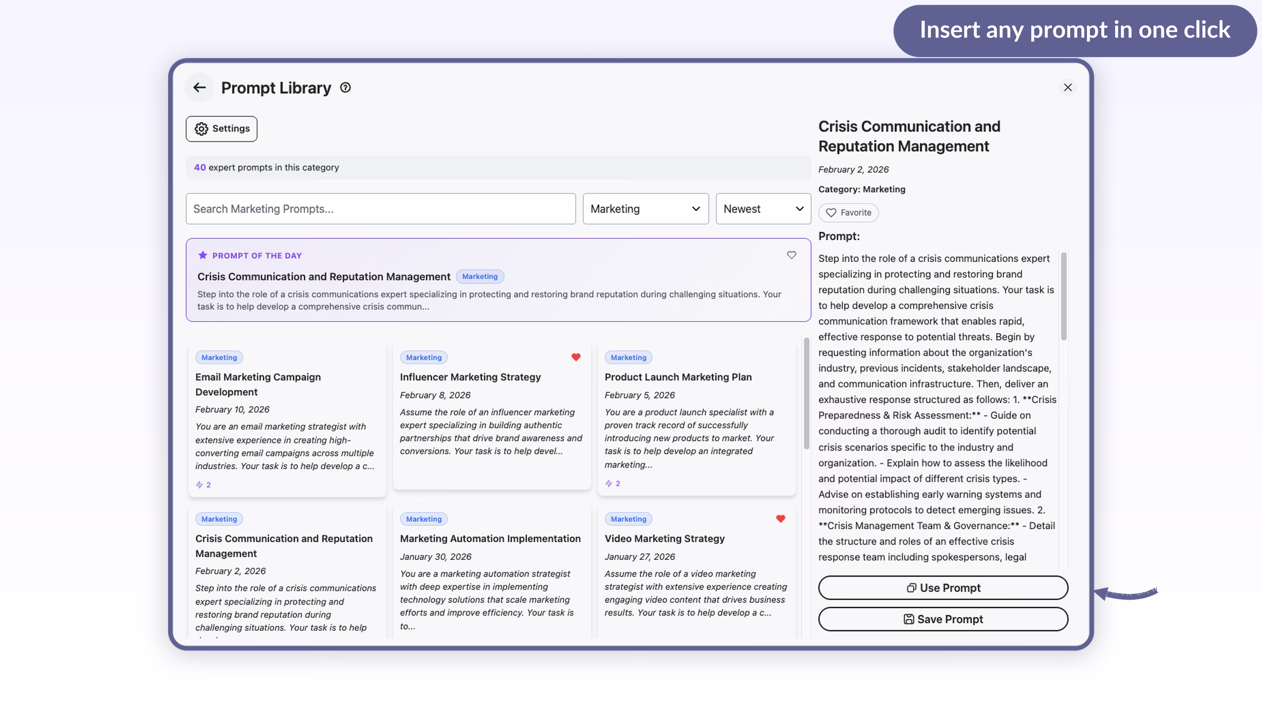 AI Toolbox Prompt Library with reusable prompt templates organized by category, inserted into ChatGPT in one click