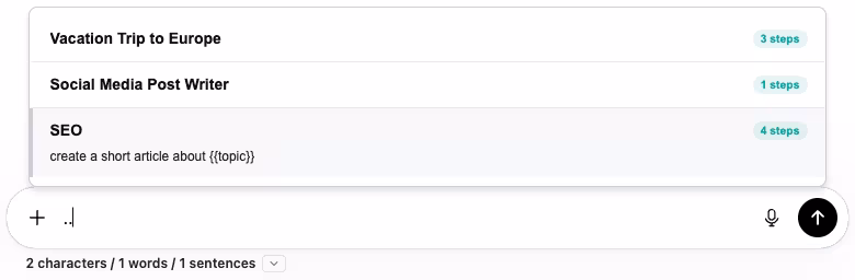 The ChatGPT message input with .. typed at the start. A popup is open above the input listing three saved chains: Vacation Trip to Europe with 3 steps, Social Media Post Writer with 1 step, and SEO with 4 steps (highlighted). The SEO chain preview shows: create a short article about {{topic}}.