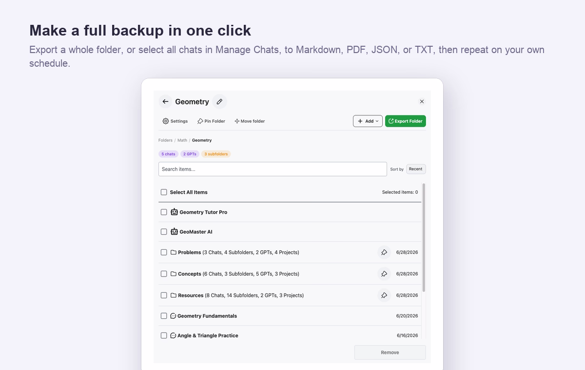 AI Toolbox exporting a whole folder of ChatGPT chats to Markdown, PDF, JSON, or TXT