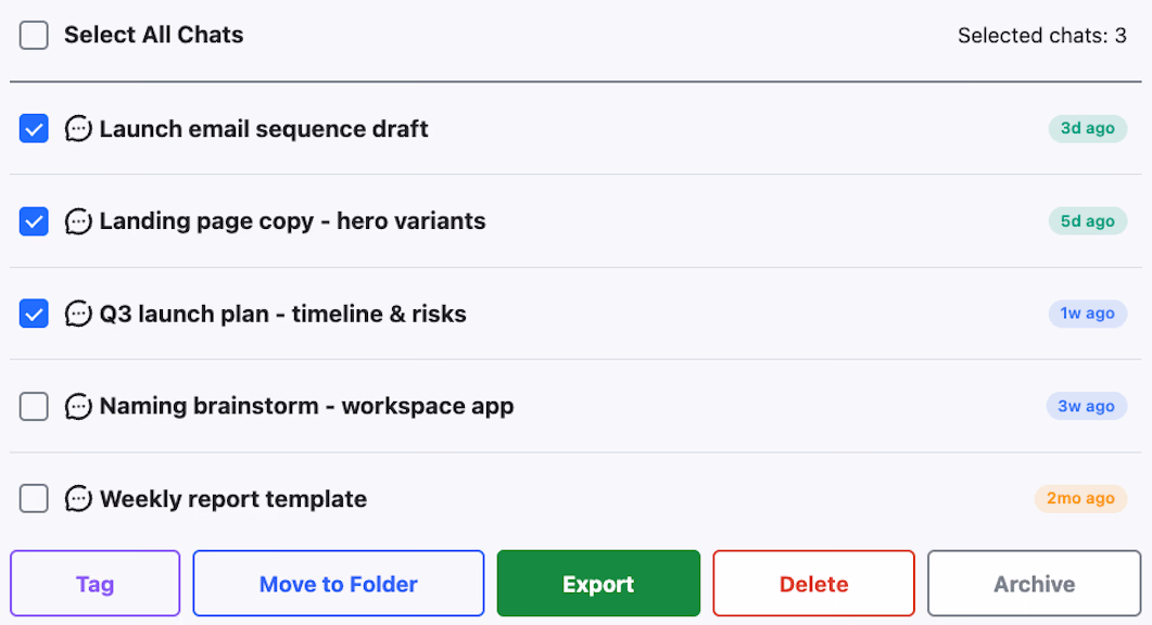 AI Toolbox chat list with three conversations selected and Tag, Move to Folder, Export, Delete, and Archive actions