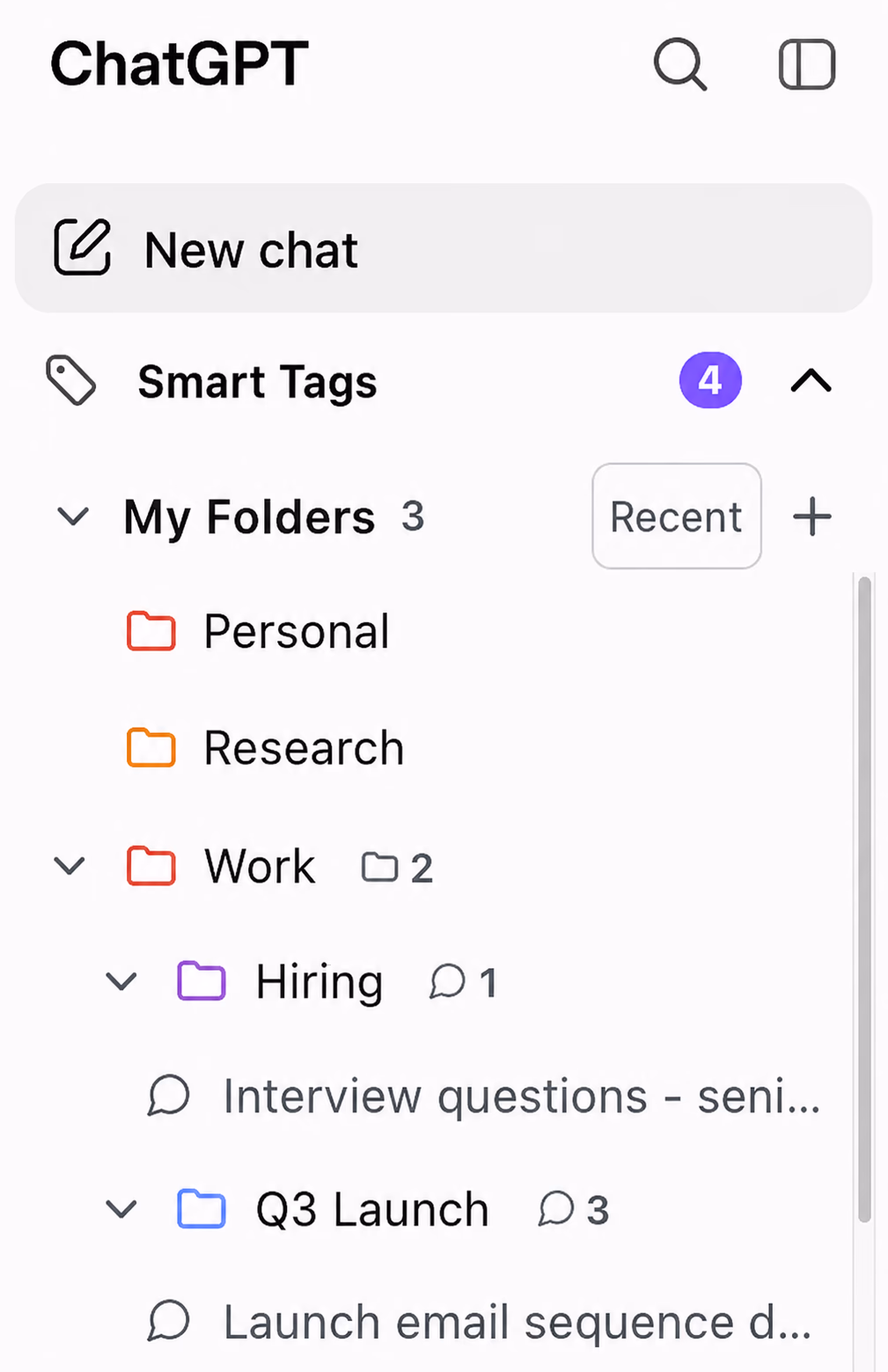 AI Toolbox folder tree in the ChatGPT sidebar: color-coded folders with subfolders, chat counts, and Smart Tags