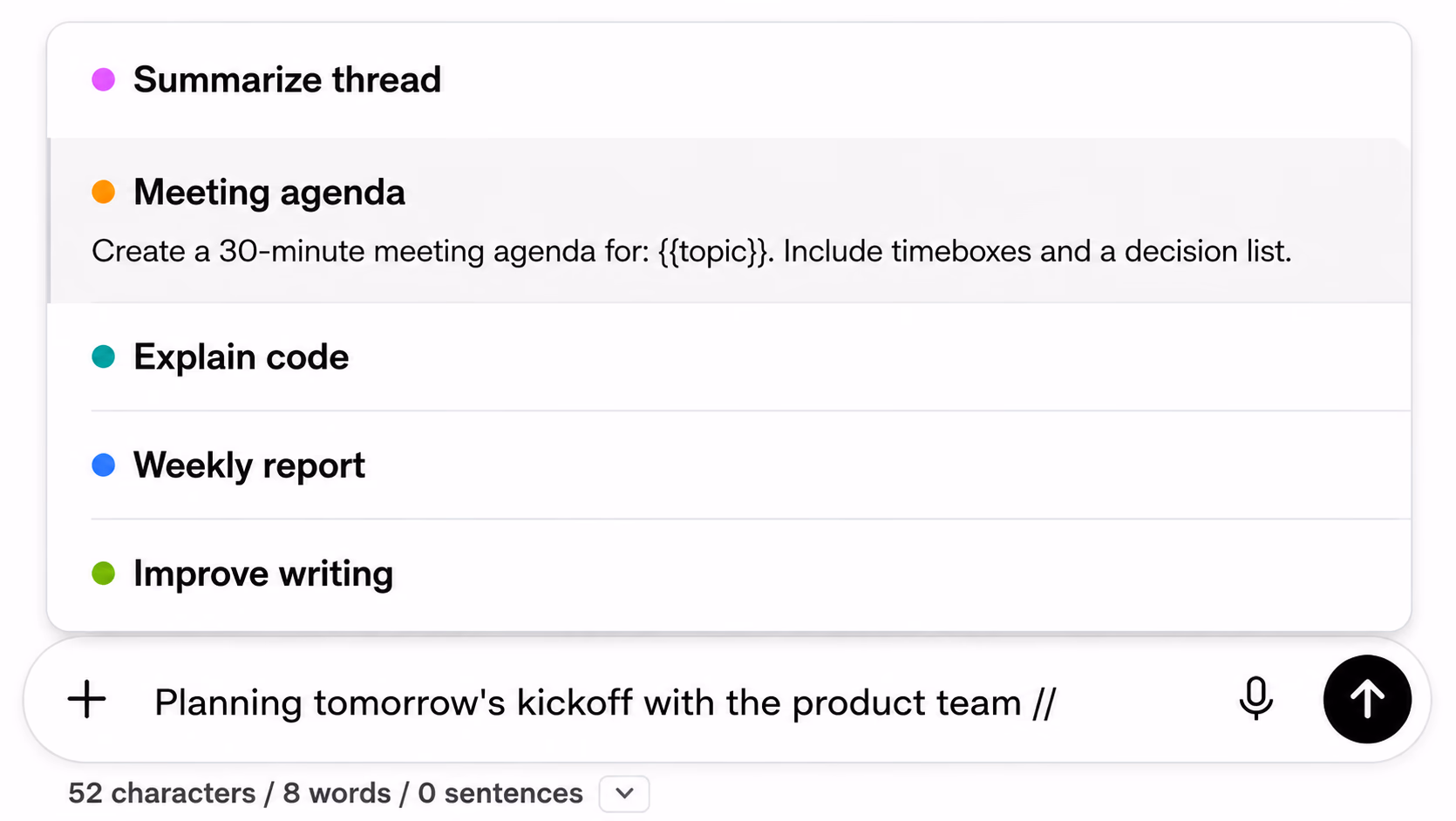 AI Toolbox prompt picker opening over the chat input with saved prompts and a reusable meeting agenda template