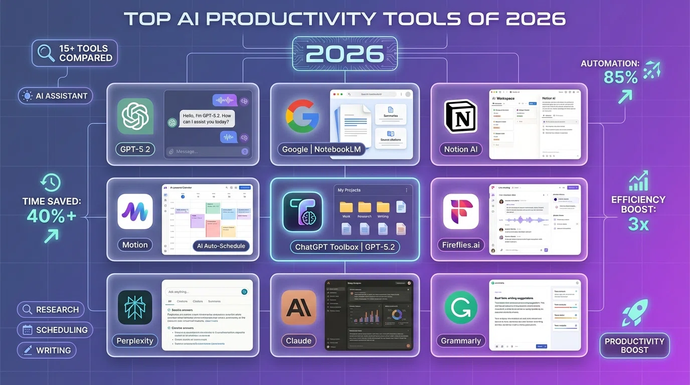 Grid display of leading AI productivity tools including ChatGPT, NotebookLM, Notion AI, Motion with feature icons and productivity metrics