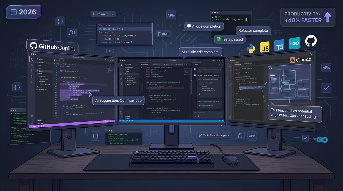 Developer workspace showing multiple AI coding assistants including GitHub Copilot, Cursor, Claude with code editor interfaces and productivity metrics
