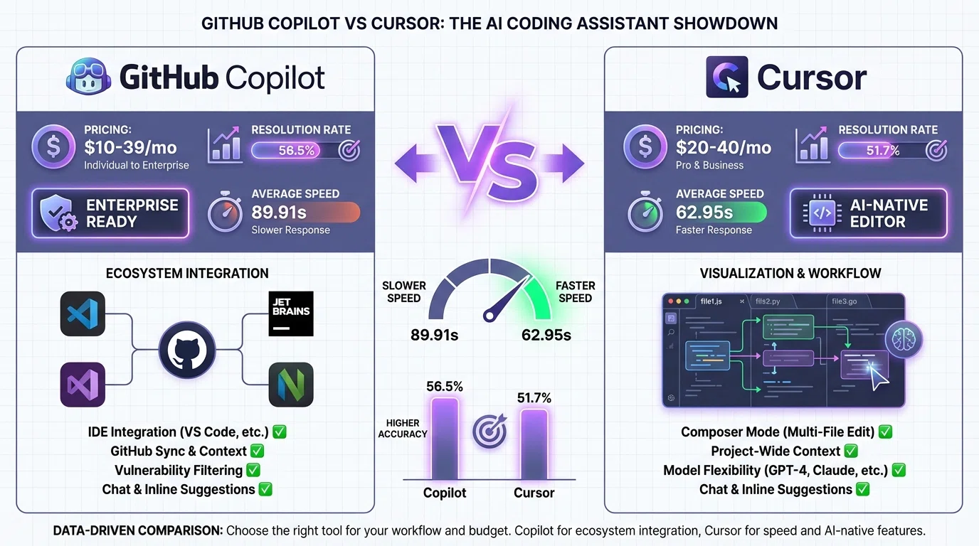 Head-to-head comparison infographic showing GitHub Copilot vs Cursor with performance metrics and feature comparisons
