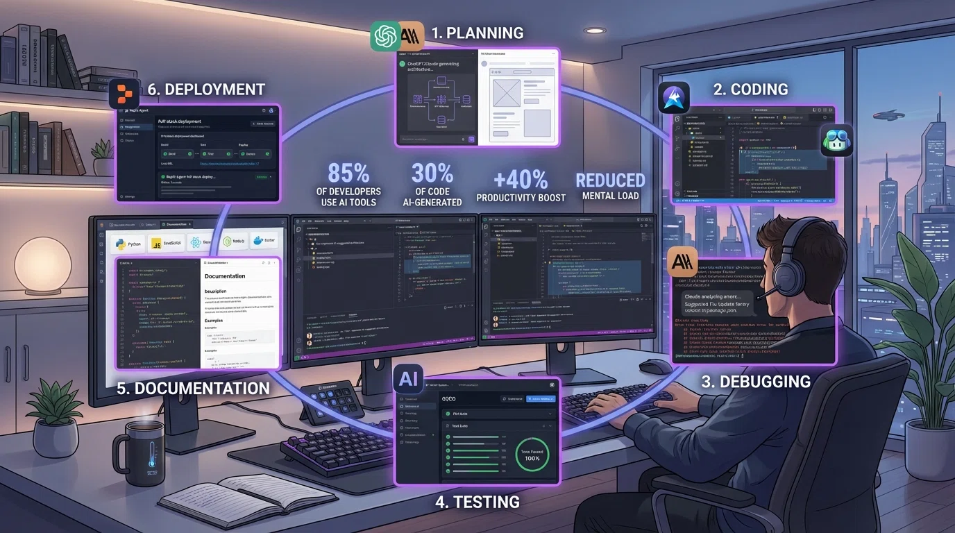 Developer workflow diagram showing AI tools integration from planning through deployment with productivity statistics