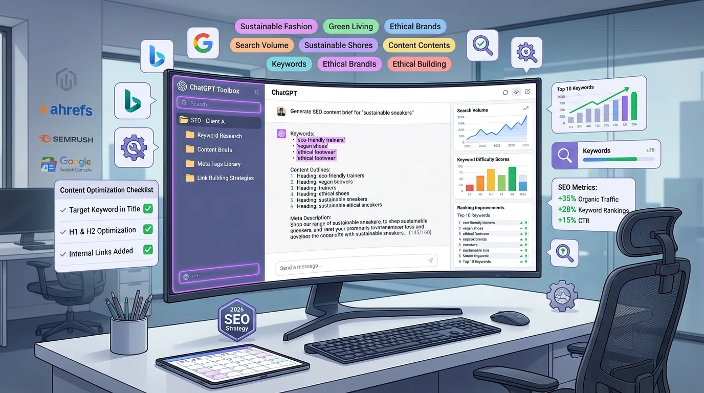 SEO professional workspace showing ChatGPT interface with keyword research, content optimization tools, and ChatGPT Toolbox organizing SEO projects in folders