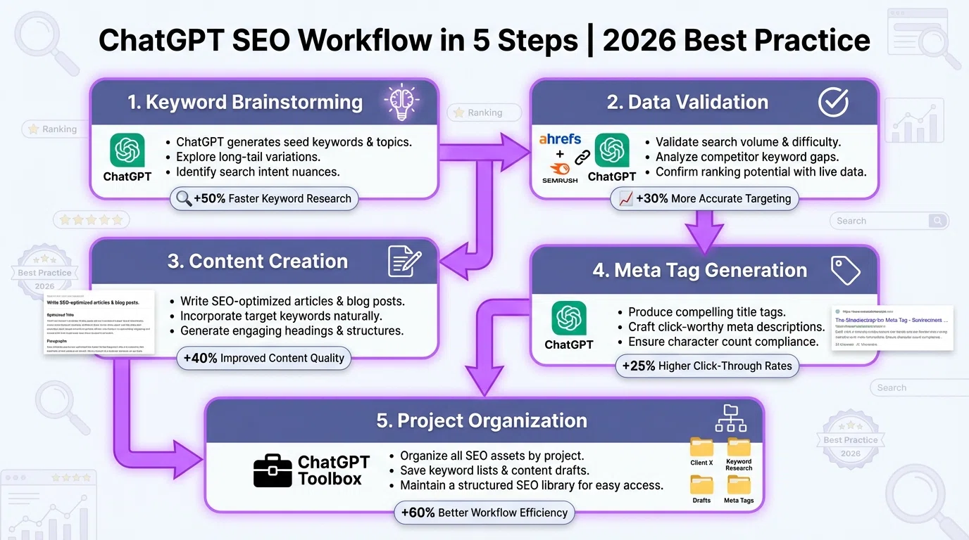 Content optimization workflow showing ChatGPT generating meta descriptions, title tags, and SEO-optimized content structures