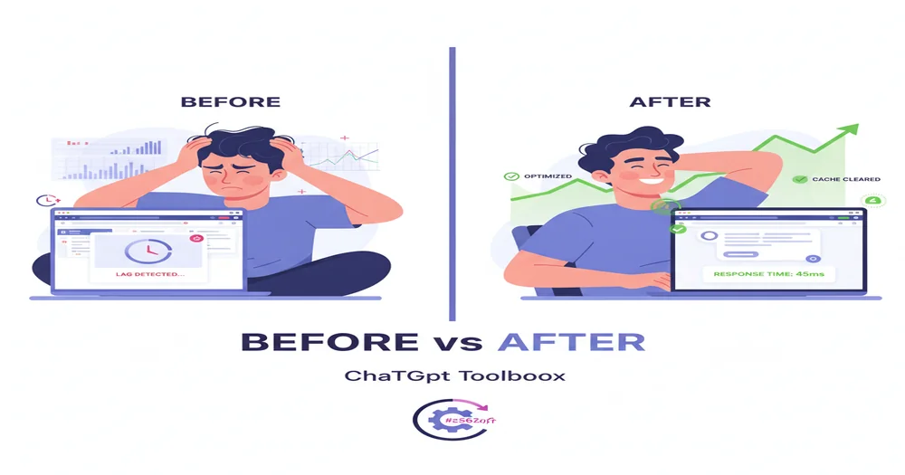 Split-screen showing slow loading ChatGPT on left with spinning icon and fast responsive ChatGPT on right with browser performance optimization settings