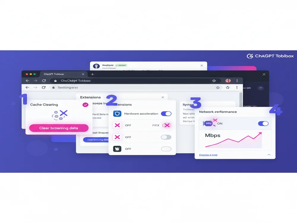 Browser settings panel showing cache clearing, extensions management, and hardware acceleration optimization for ChatGPT performance