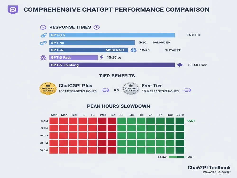 Comprehensive speed comparison chart showing ChatGPT model response times, Plus vs Free tier comparison, and peak hours heatmap