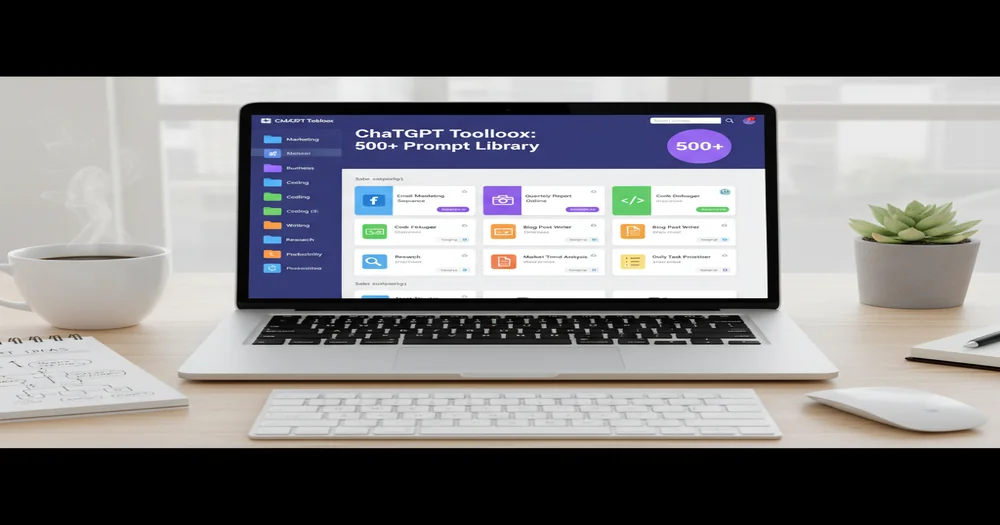 Modern workspace showing organized ChatGPT prompt library with 500+ templates categorized by marketing, business, coding, writing, research, and productivity