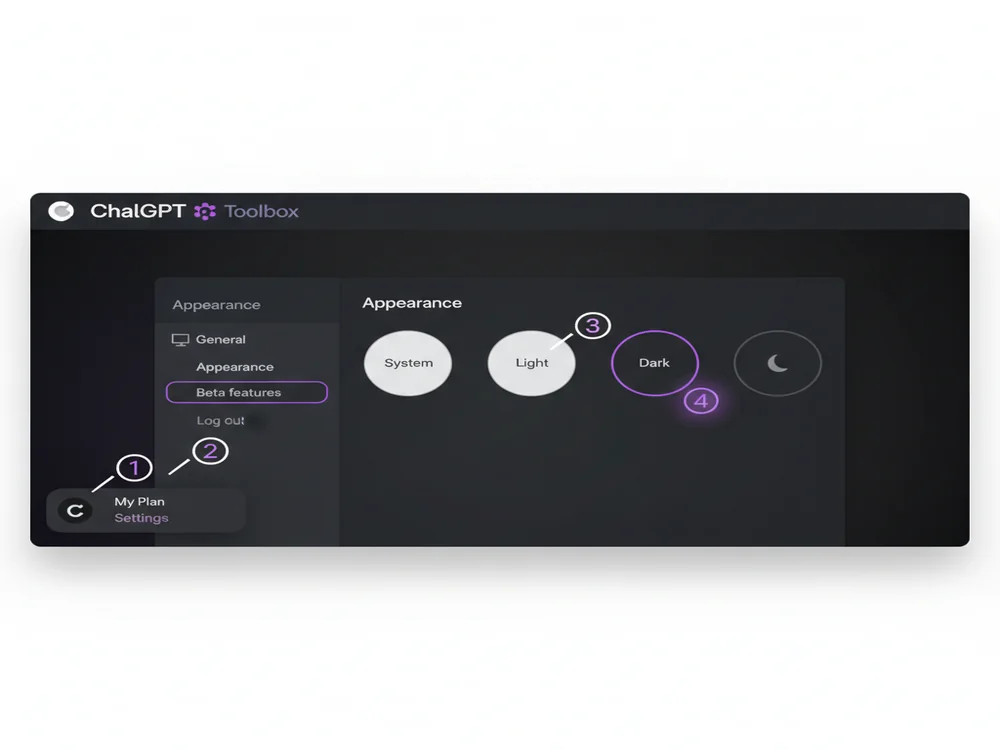 ChatGPT desktop settings panel showing appearance options with dark mode toggle highlighted and step-by-step callouts
