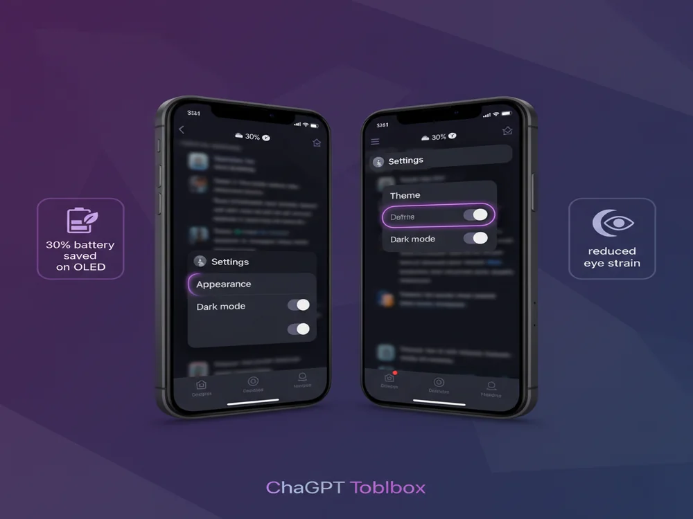 Split view showing ChatGPT dark mode on iPhone and Android devices with settings panels highlighted
