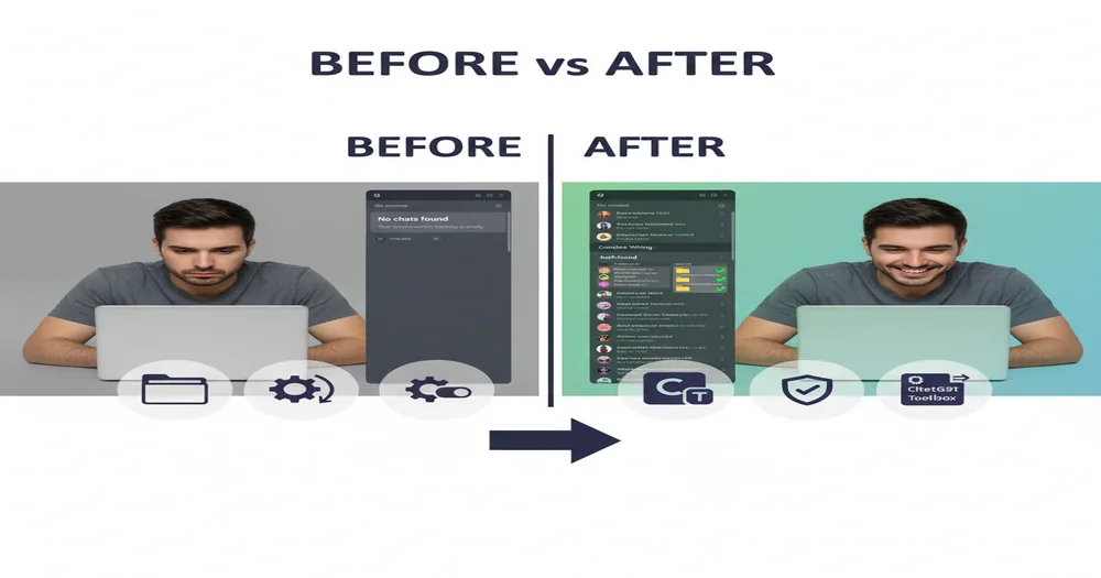 Split-screen showing empty ChatGPT sidebar on left with missing conversations and recovered chat history on right with organized folders and archived conversations visible