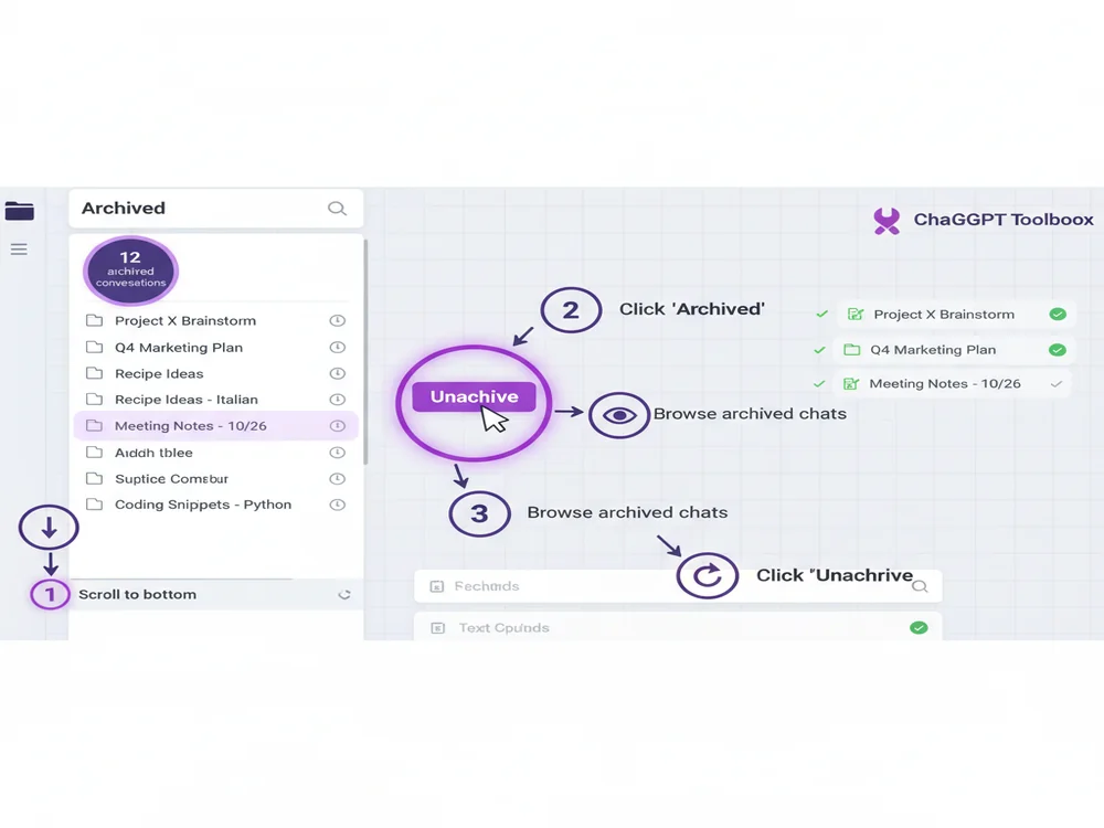 ChatGPT sidebar showing archived conversations section with multiple recovered chats and unarchive button highlighted