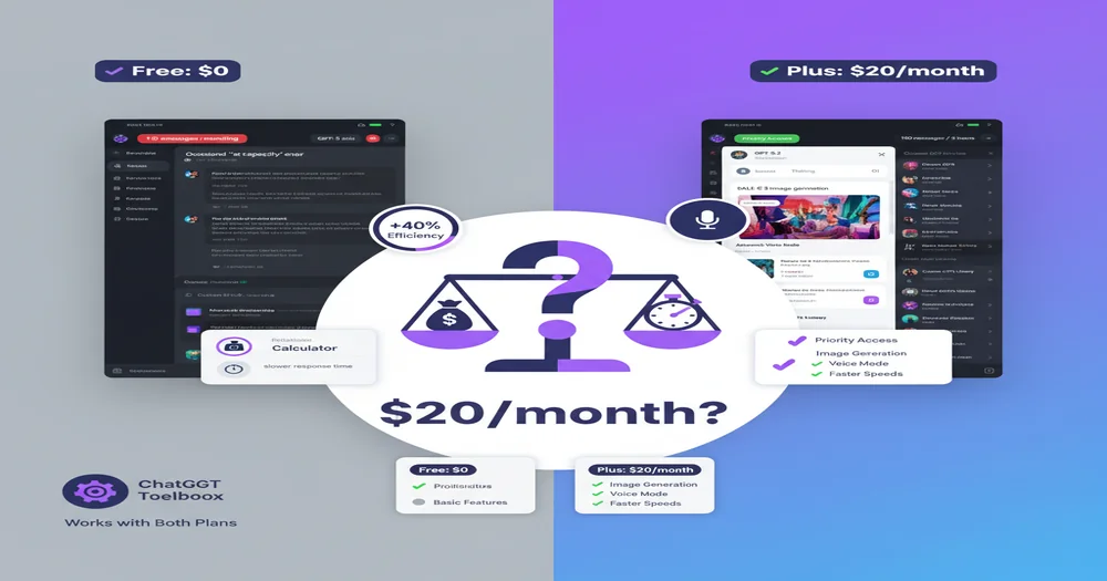 Split-screen comparison showing ChatGPT Free interface with message limits on left and ChatGPT Plus premium interface with priority access and advanced features on right