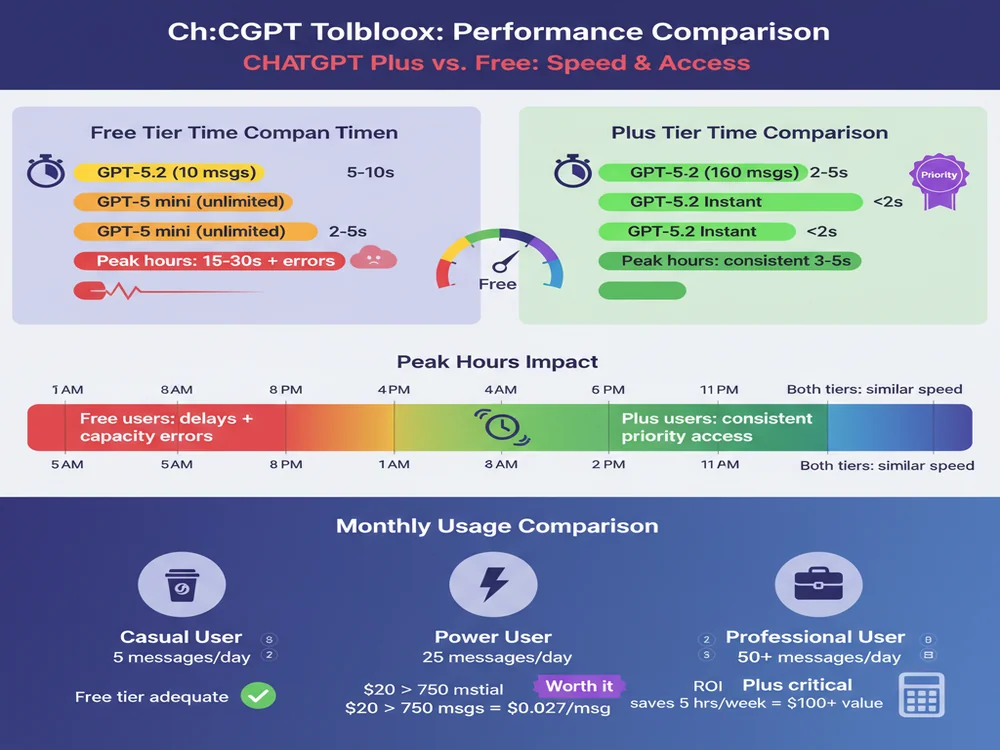 Performance comparison infographic showing response time bar charts, peak hours heatmap, and ROI calculations for different user types