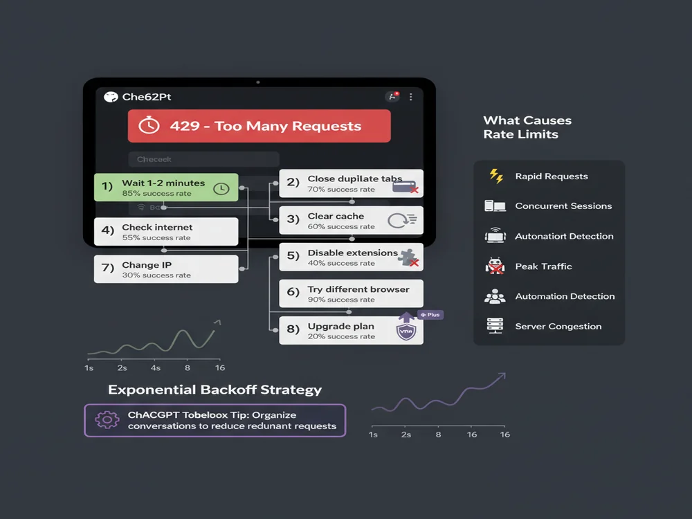 ChatGPT error screen showing 429 Too Many Requests message with troubleshooting flowchart and exponential backoff strategy visualization