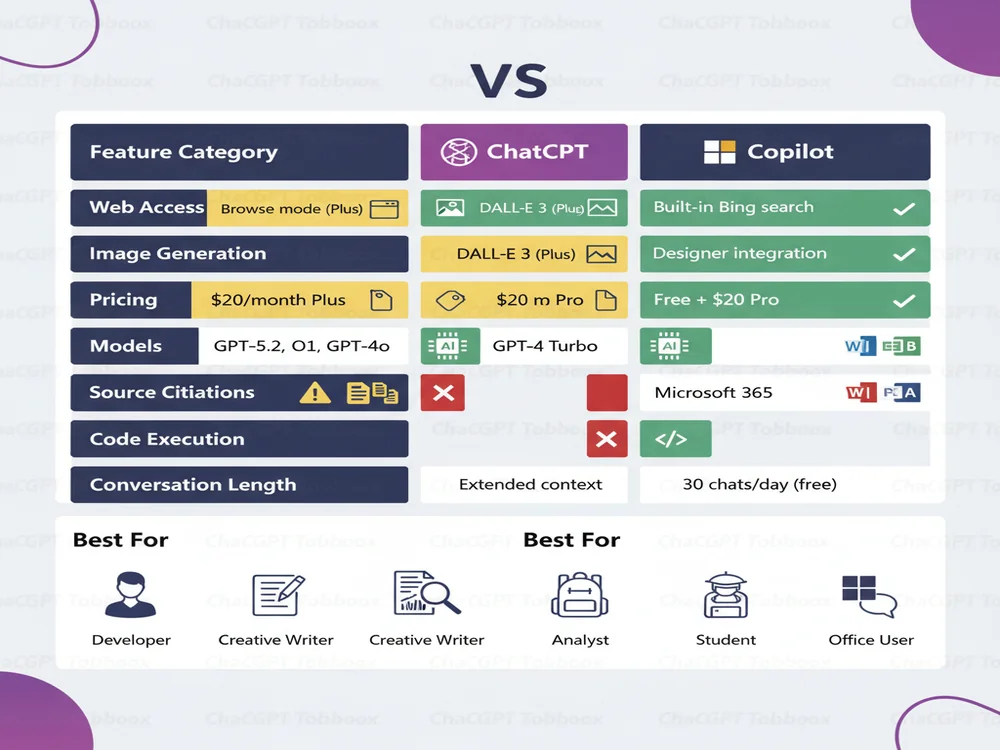 Comprehensive feature comparison table showing ChatGPT vs Copilot across pricing, models, web access, integrations, and capabilities