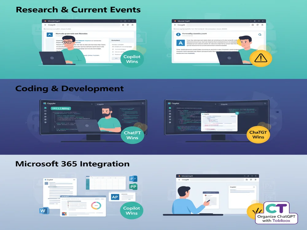 Three-panel use case illustration showing when to use ChatGPT vs Copilot for research, coding, and Microsoft 365 integration
