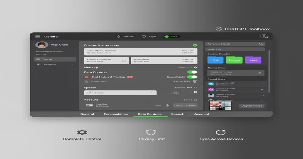 Modern ChatGPT settings interface showing personalization options, custom instructions panel, memory settings, data controls, and appearance preferences with clean organized layout