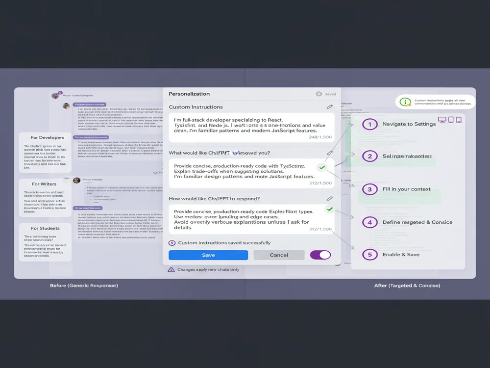 ChatGPT custom instructions interface showing two text boxes for user context and response preferences with character count limits and example instructions filled in