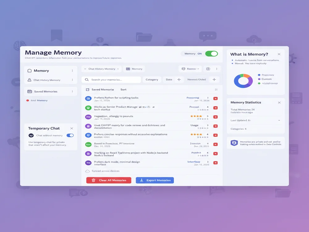ChatGPT memory management interface showing saved memories list with search functionality, individual delete buttons, and toggle switches for memory features