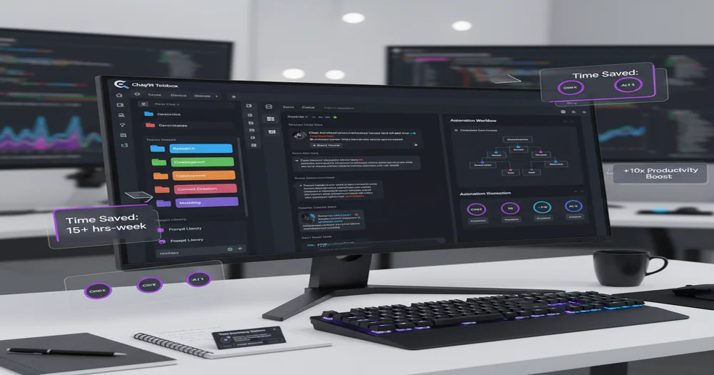 Power user workspace showing multiple ChatGPT productivity tricks in action with keyboard shortcuts, custom prompts, and automation workflows
