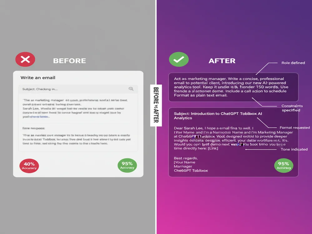Before and after comparison showing vague ChatGPT prompt resulting in generic output versus constrained prompt with specific detailed response