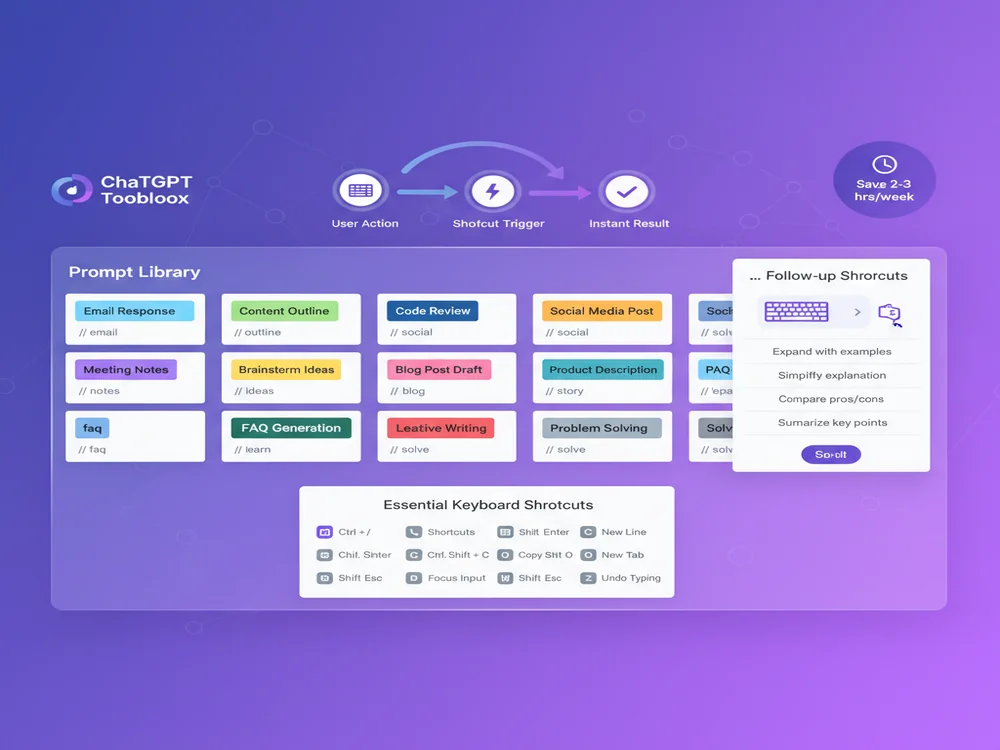 Automation dashboard showing ChatGPT Toolbox shortcuts, quick access prompts, and workflow automation features
