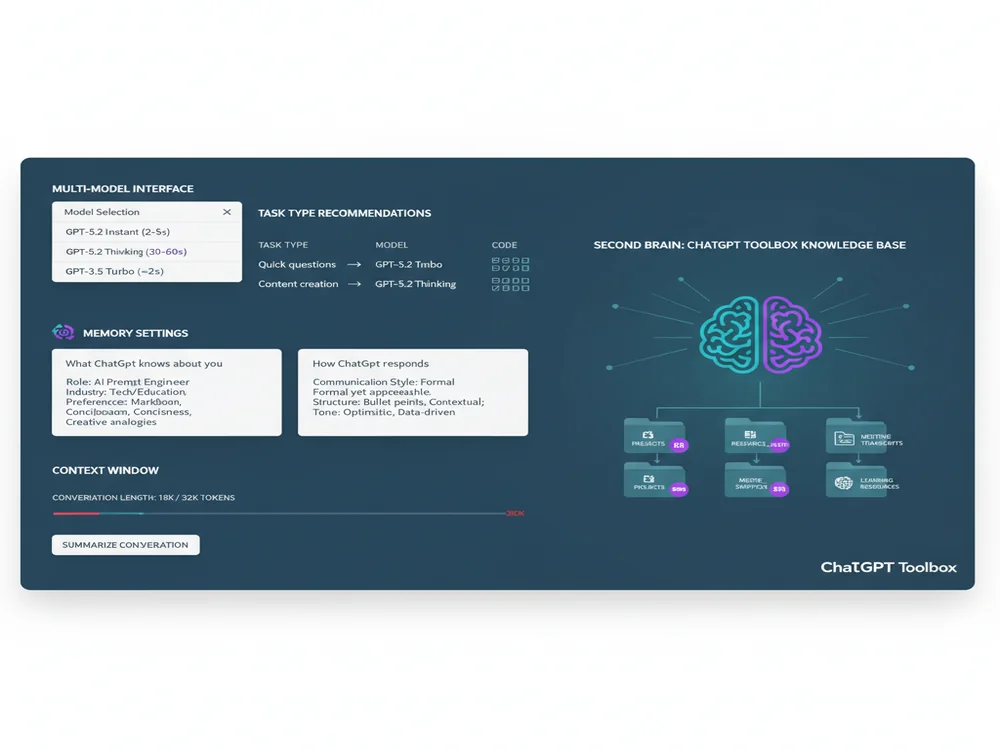 Advanced ChatGPT features showing custom memory settings, context window management, and multi-model switching interface