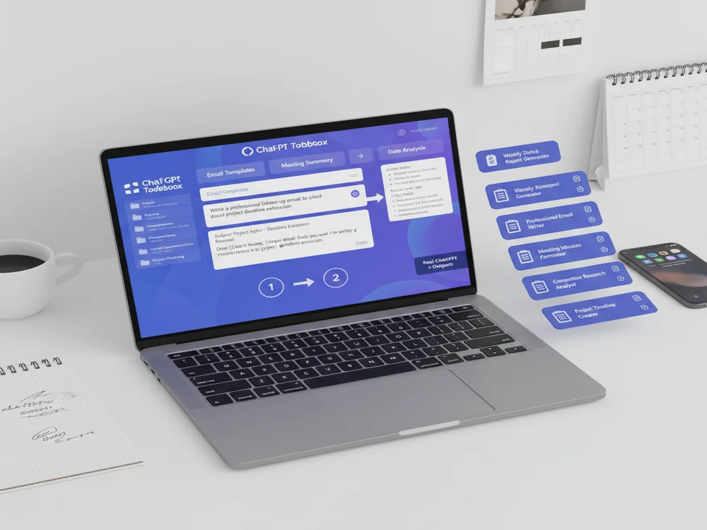 Professional workspace showing ChatGPT work productivity examples with actual prompt/output demonstrations, folder organization, and business applications