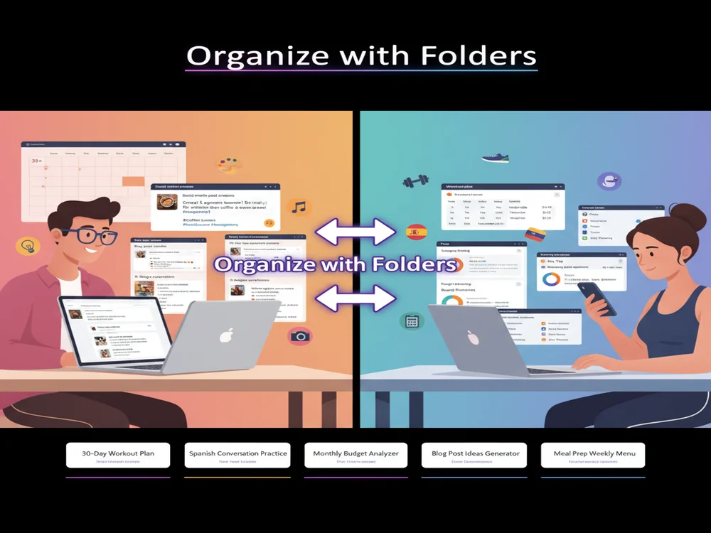 Dynamic split-screen showing creative and personal ChatGPT applications including social media content, workout plans, language learning, budget planning, and travel itineraries