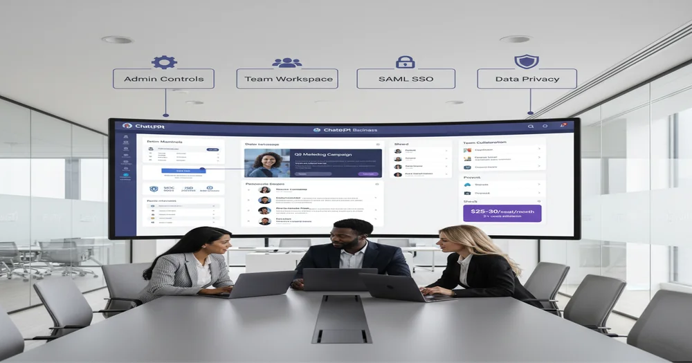 Modern office workspace with team members collaborating using ChatGPT Business interface on large screens showing admin dashboard, user management, security settings, SAML SSO integration, and workspace features