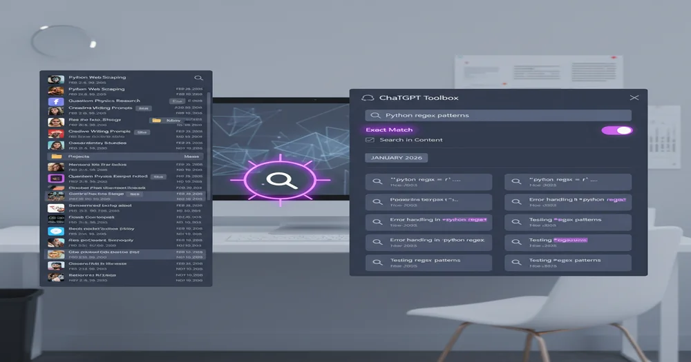 ChatGPT interface showing history sidebar with hundreds of conversation threads and ChatGPT Toolbox advanced search panel displaying keyword filters, date ranges, and instant search results
