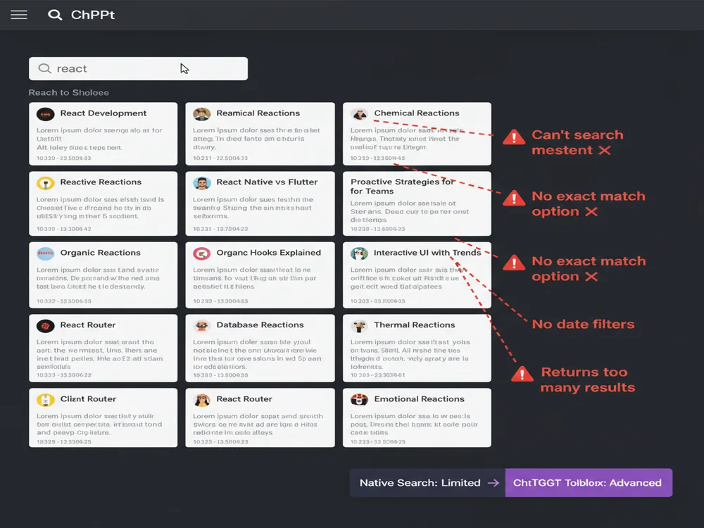 ChatGPT sidebar showing native search bar at top with search results filtering conversation list by title match