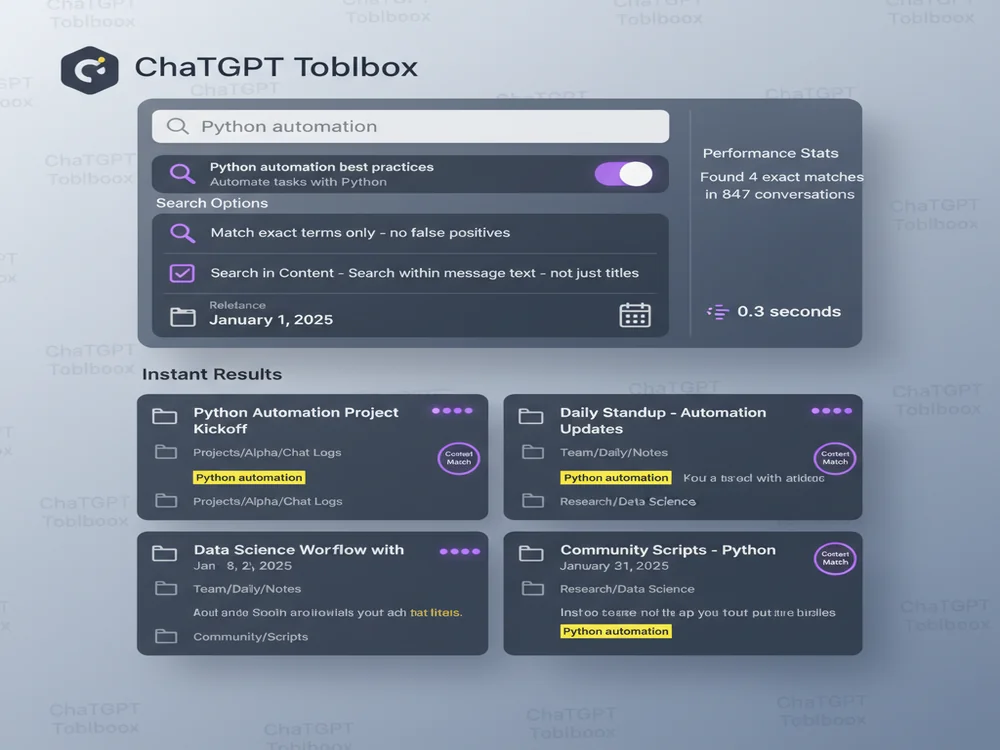 ChatGPT Toolbox advanced search interface showing exact match toggle, content search option, date range selector, and instant filtered results with conversation previews