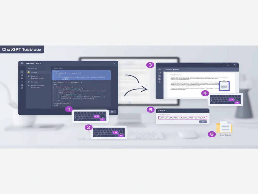 Step-by-step visual guide showing how to manually copy and paste ChatGPT conversations into a text editor