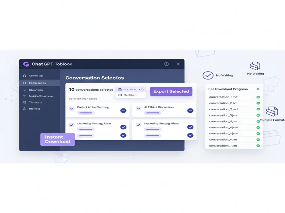 ChatGPT Toolbox interface showing bulk export feature with multiple conversations selected and file format options displayed