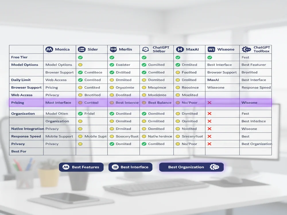 Detailed feature comparison table showing ChatGPT sidebar extensions across pricing, models, daily limits, and key capabilities