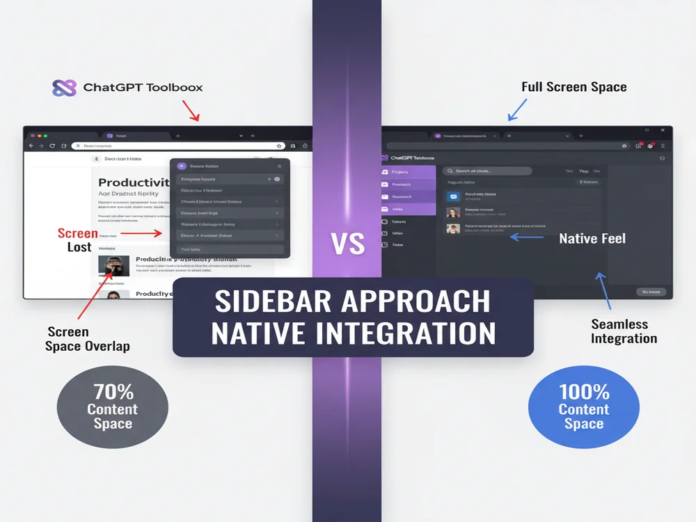 Visual comparison showing sidebar extension overlay vs ChatGPT Toolbox native integration highlighting screen space and user experience differences