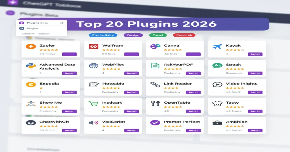 Modern ChatGPT plugin store interface showing grid of 20 top plugin icons including Zapier, Wolfram, Canva, Kayak with installation buttons, ratings, and category badges for productivity, design, travel, and data analysis