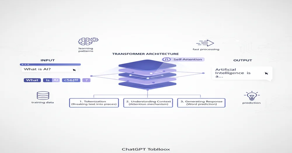 Simplified diagram showing ChatGPT transformer architecture with input text flowing through neural network layers, attention mechanisms, and output generation process with beginner-friendly visual metaphors