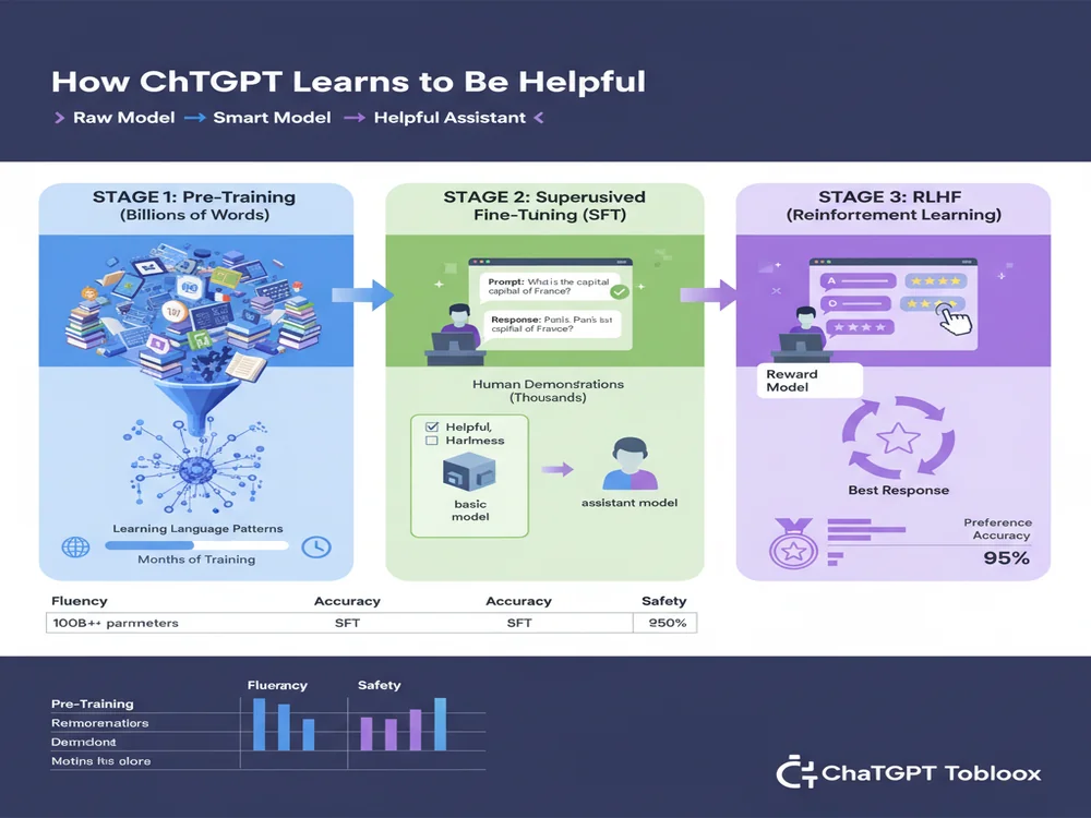 Three-stage infographic showing ChatGPT training process: pre-training on massive datasets, supervised fine-tuning with human demonstrations, and RLHF reinforcement learning with visual workflow and data volume indicators