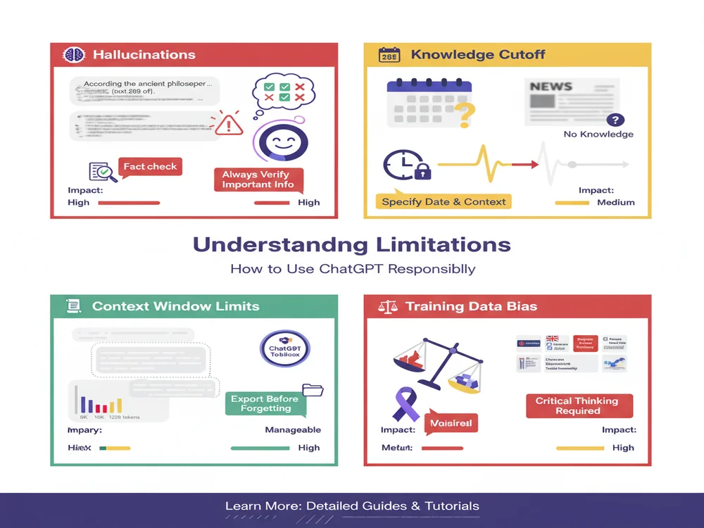 Infographic showing ChatGPT limitations: hallucinations with fact-checking icons, knowledge cutoff date indicator, context window constraints, bias warnings, and best practices for accurate responses
