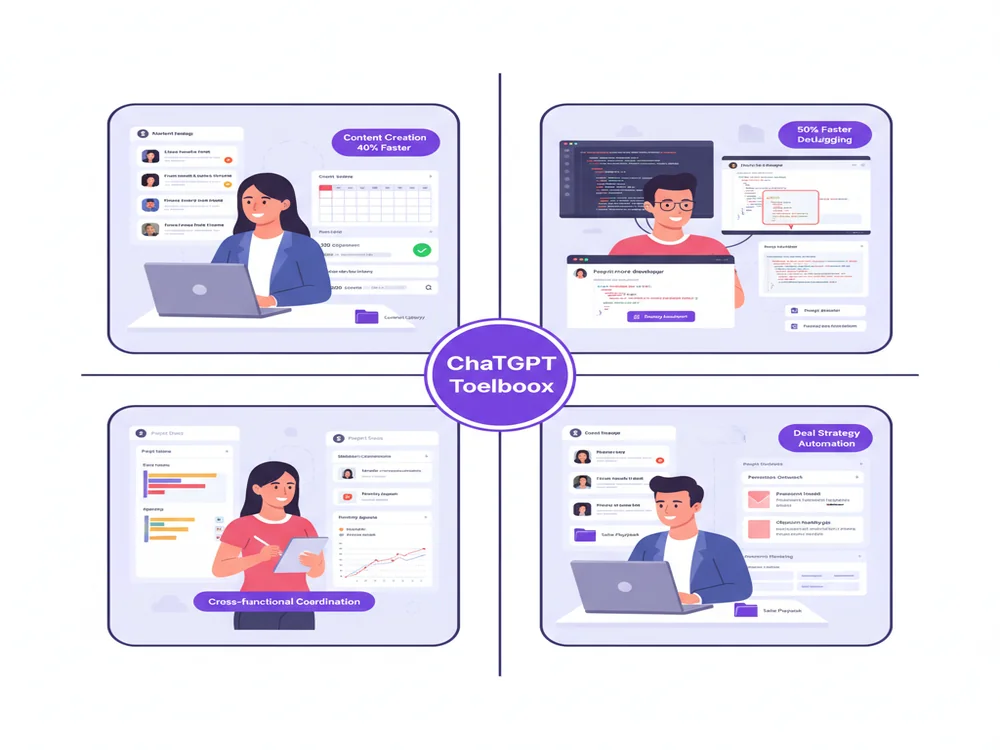 Split-screen view showing different job roles using AI: marketer creating content campaigns, developer debugging code with ChatGPT, project manager organizing timelines, and sales professional crafting personalized outreach
