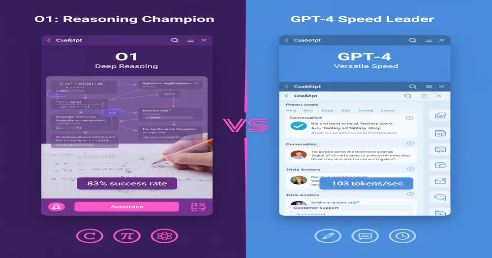 Split-screen comparison showing ChatGPT O1 with chain-of-thought reasoning on left and GPT-4 with fast response on right, featuring performance metrics and use case icons